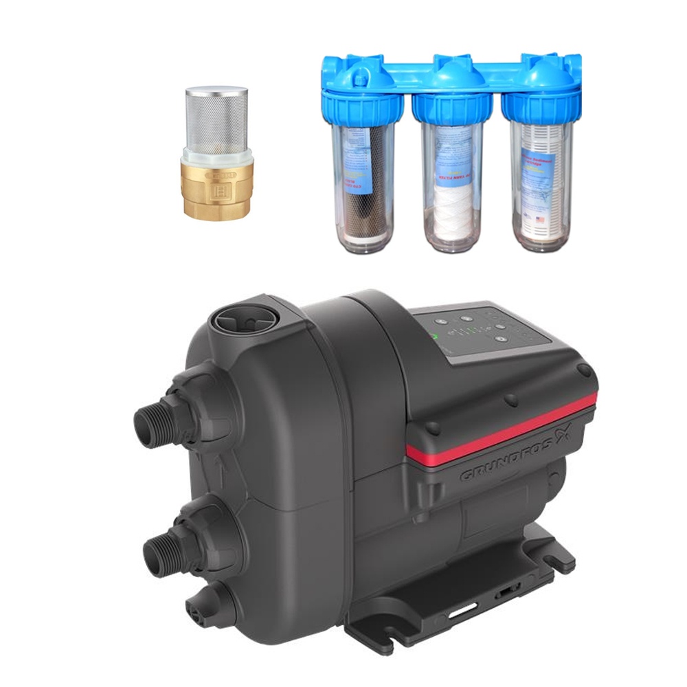 Pachet hidrofor SCALA 2 GRUNDFOS 3-45, 0.55 kW, rezervor 20 l, debit 3.6 m3/h, Set 3 filtre ALFAKAL 10", pentru apa, nylon, bumbac si carbune activ,