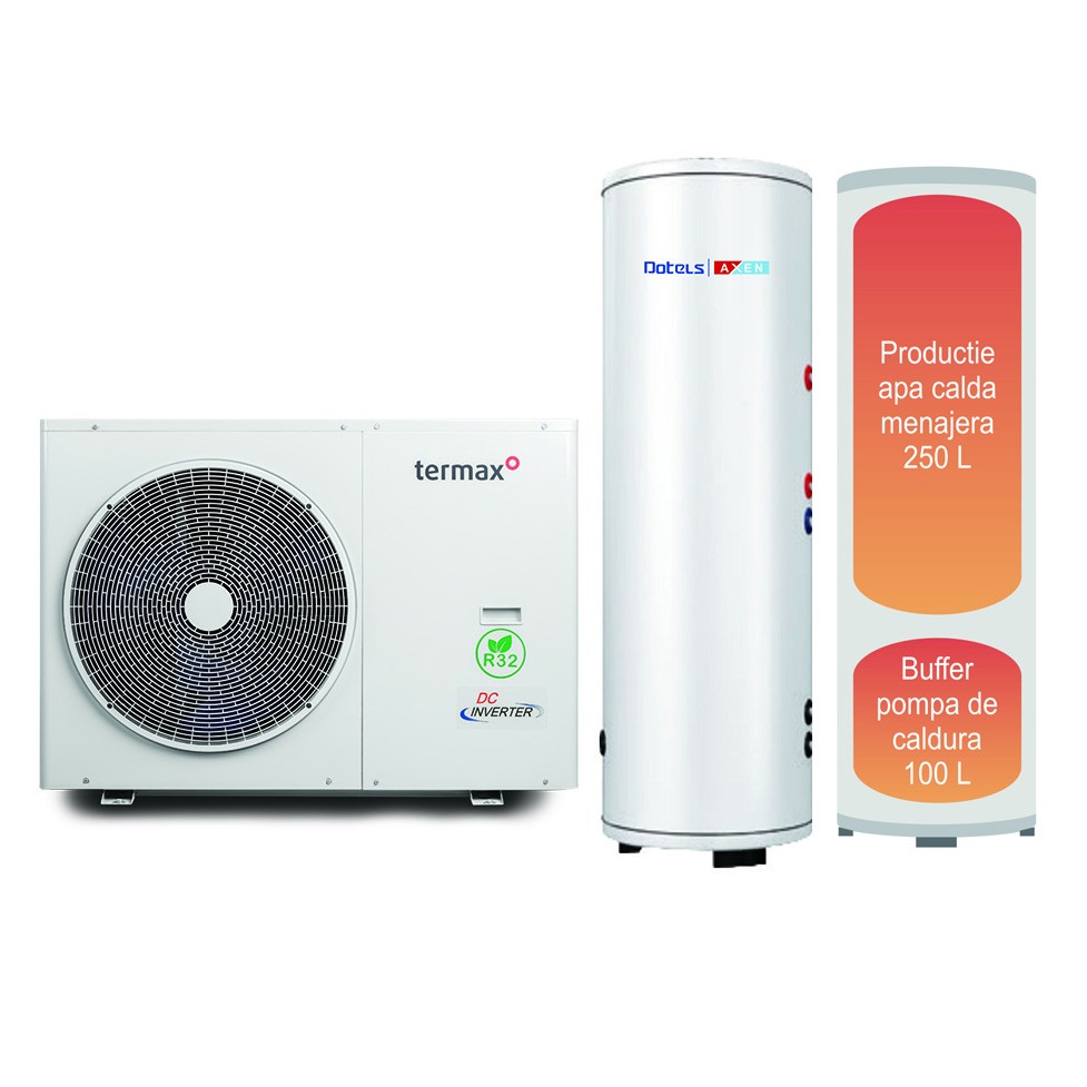Pachet pompa de caldura Termax 14 kW, Wi-Fi, Alimentare Monofazica, Monobloc, Aer-Apa, Compresor Mitsubishi, Inverter + Boiler stativ cu serpentina