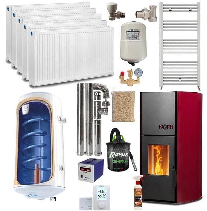 Pachet termosemineu cu peleti KOPH PM 18 kW, 120 mp, buncar 15 kg, diametru cos fum ⌀80 mm, pompa recirculare si vas expansiune incorporate, Bordo,