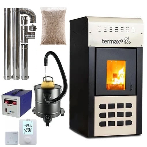 Pachet termosemineu cu peleti Termax Kamin ECO, 25 kW, 160 mp, buncar peleti 45 kg, volum apa 42 litri, diametru cos fum ⌀80 mm, vas expansiune si