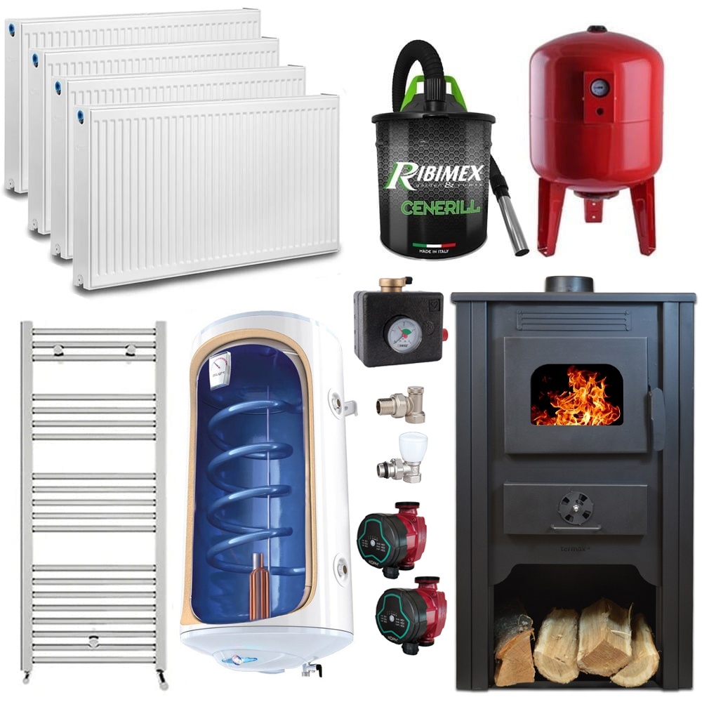 Pachet termosemineu pe lemn Termax Alma, 11.52 kW, randament 85.59%, 75 m², Rosu, Calorifere, Pompe Recirculare, Grup siguranta, Vas expansiune,