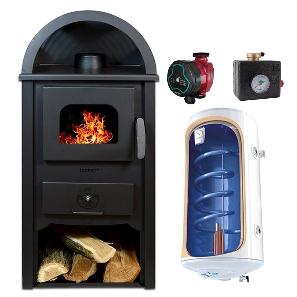 Pachet Termosemineu pe lemn Termax Faurar, 11.52 kW, randament 85.59%, 75 m², Negru, Grup siguranta, Pompa recirculare si Boiler termoelectric Tesy