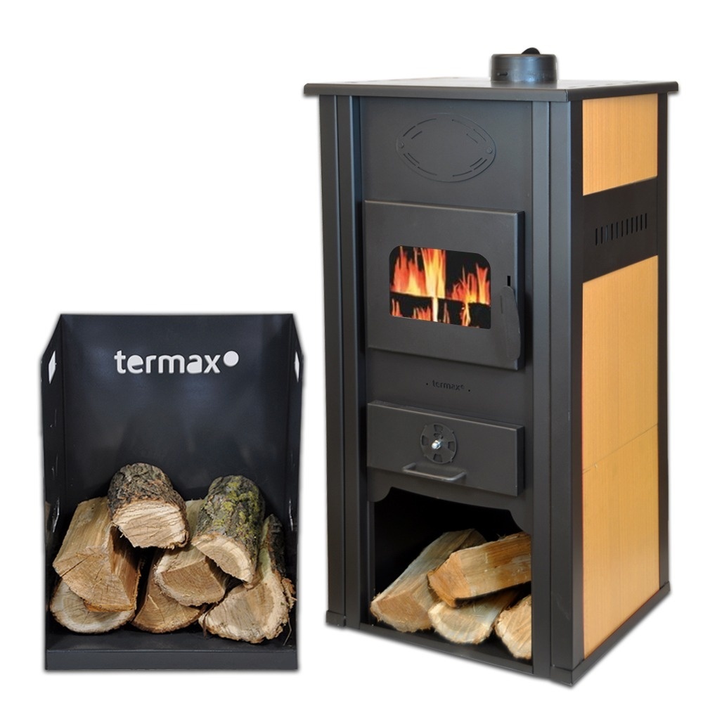 Pachet termosemineu pe lemn Termax Thermis, 24.43 kW, randament 85.10%, 155 m², Bej si suport lemne foc metalic Termax M cu design vertical si