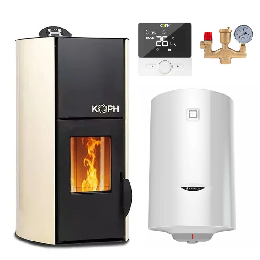 Pachet termosemineu pe peleti KOPH PM 12 kW, 80 mp, buncar peleti 12 kg, diametru cos fum ⌀80 mm, pompa recirculare si vas expansiune incorporate,