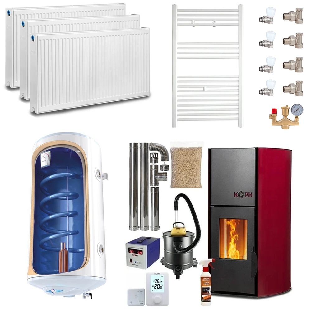 Pachet termosemineu pe peleti KOPH PM 12 kW, 80 mp, buncar peleti 12 kg, diametru cos fum ⌀80 mm, pompa recirculare si vas expansiune incorporate,