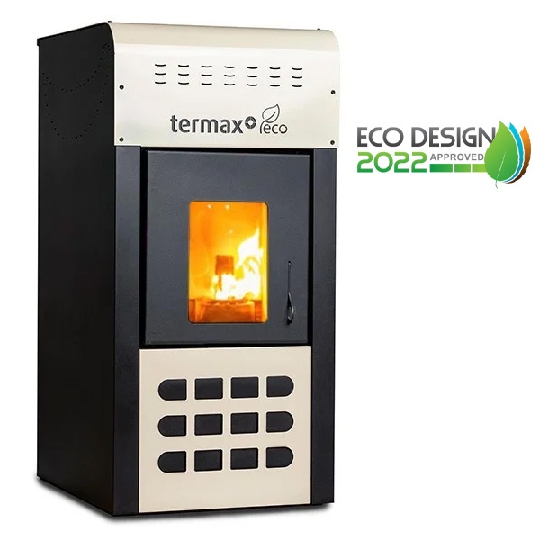 Termosemineu pe peleti Termax Kamin ECO, 25 kW, 160 mp, buncar peleti 45 kg, volum apa 42 litri, diametru cos fum ⌀80 mm, vas expansiune si pompa