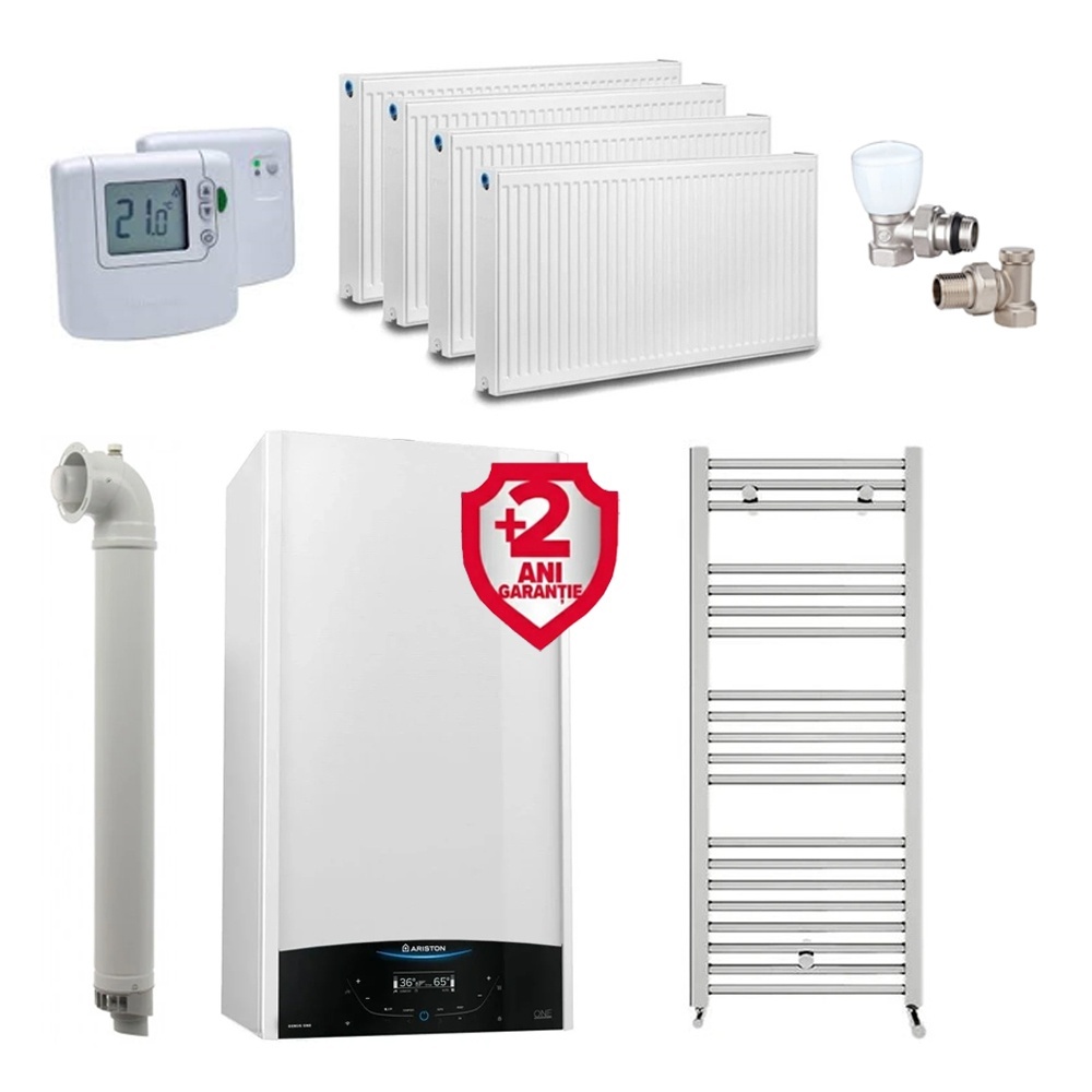 Pachet apartament cu 3 camere, centrala Ariston Genus One+ 30 kW, Clasa A, Schimbator de caldura XtraTech, Ecran LCD, Autodiagnoza, Kit de evacuare