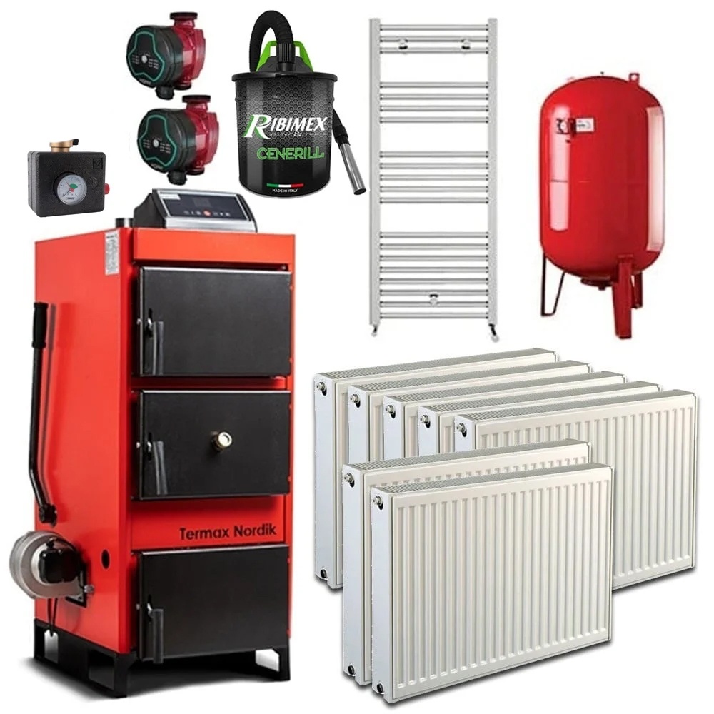 Pachet cazan pe lemn/carbune Termax Nordik 29 kW cu ventilator si automatizare, Calorifere, Vas Expansiune, Grup Siguranta, Pompe Recirculare,
