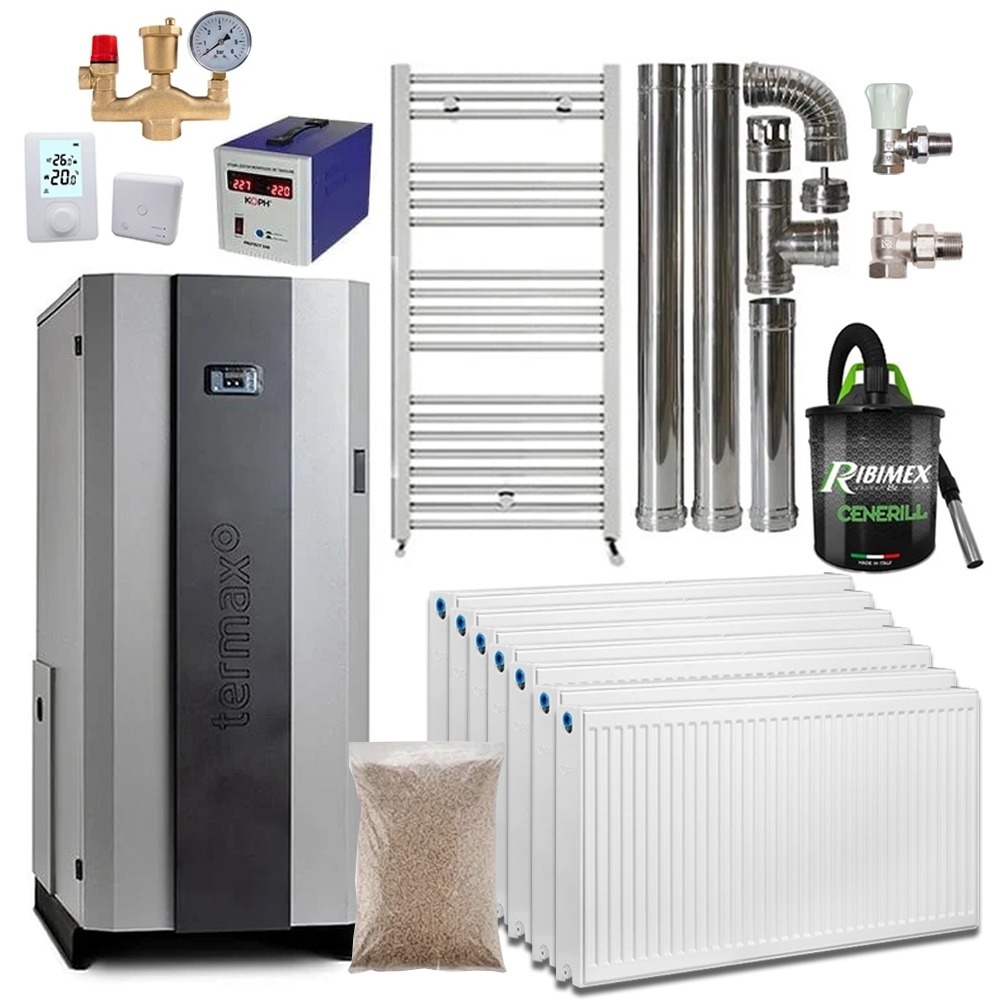 Pachet centrala cu peleti Termax Compact 30 kW, 200 mp, buncar peleti 90 kg, volum apa 70 litri, diametru cos fum ⌀80 mm, vas expansiune si pompa