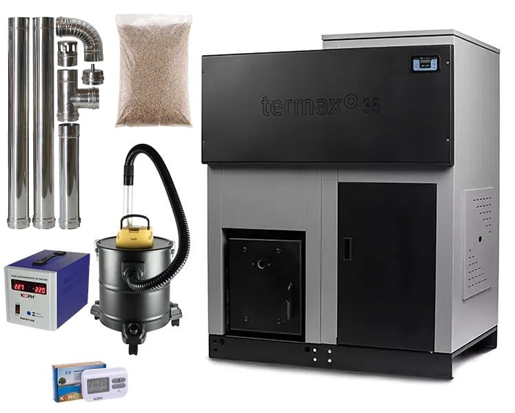 Pachet centrala cu peleti Termax ECO GRI 35 kW, 220 mp, buncar peleti 130 kg, diametru cos fum ⌀80 mm, volum apa 95 litri