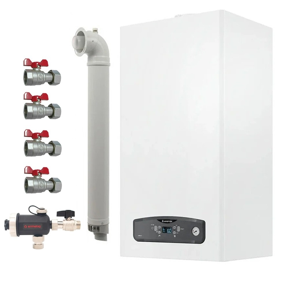 Pachet centrala termica pe gaz/GPL in condensare Ariston Cares S 24 kW, schimbator otel inox, incalzire si ACM, Kit evacuare inclus, Robineti si