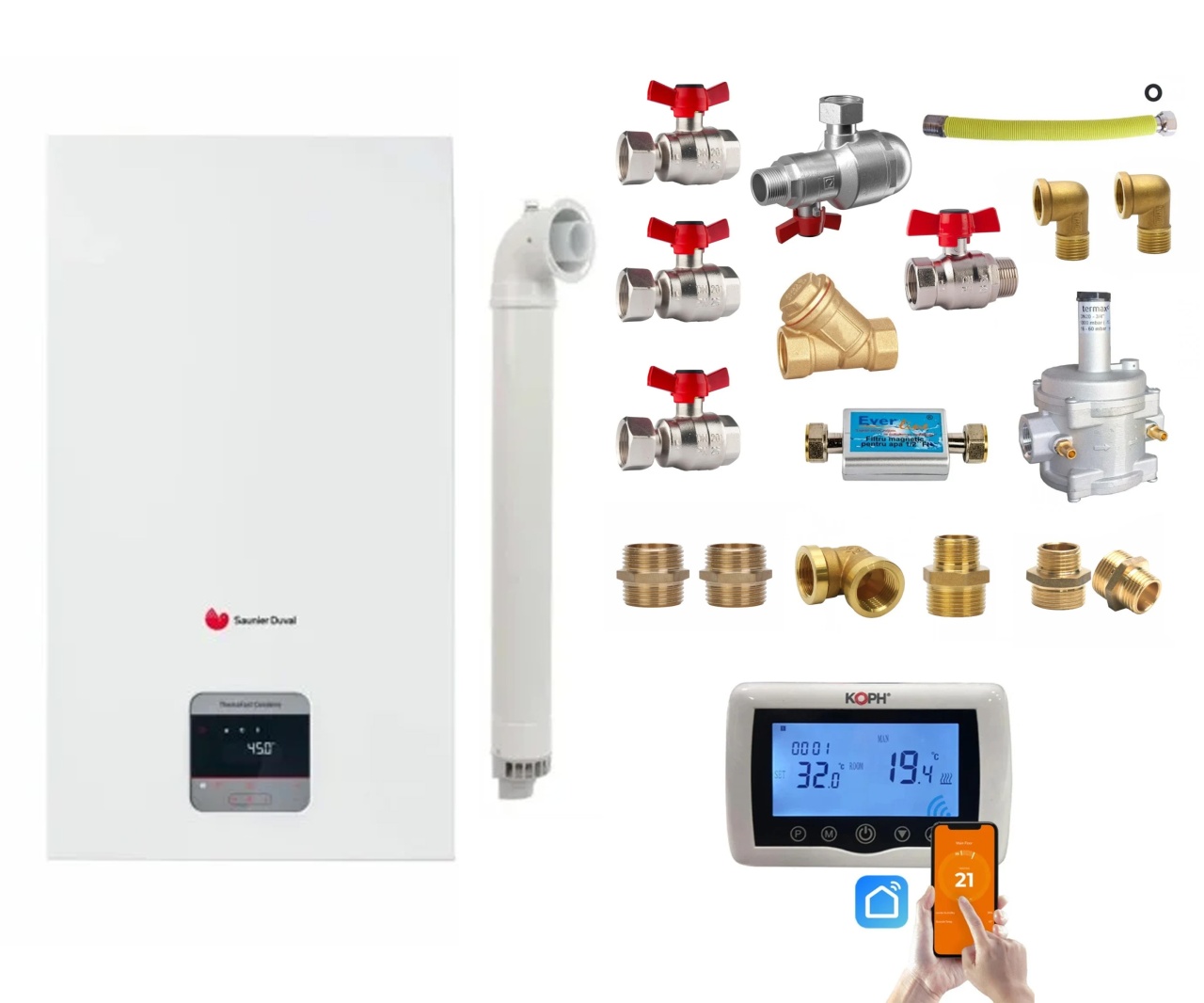 Pachet centrala termica pe gaz/GPL in condensare Saunier Duval ThemaFast Condens 35 kW, debit 16.6 l/min, protectie IPX4D, Kit evacuare, Kit