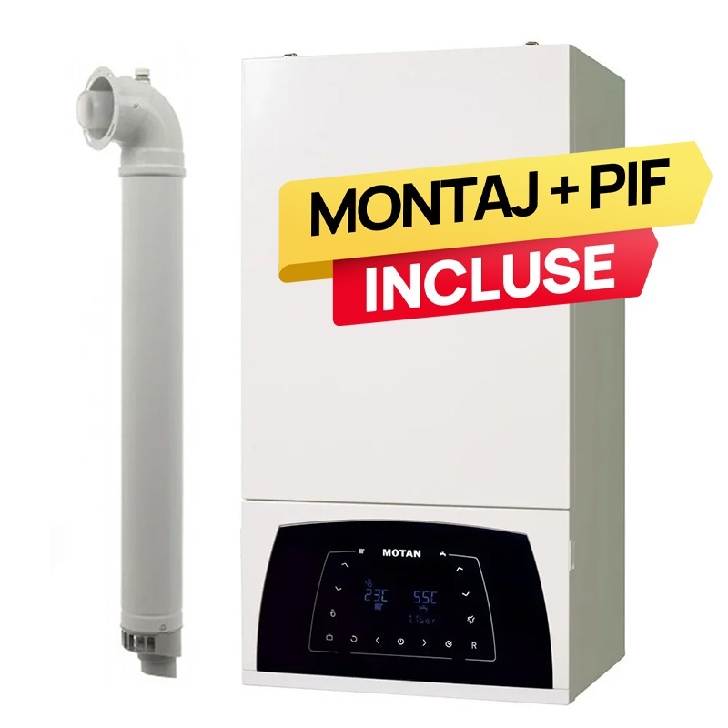 Pachet centrala termica pe gaz in condensare Motan Condens Plus 100 C38GC35V1XP5, 35 kW incalzire/35 kW ACM + Extragarantie 2 ani + Kit de evacuare