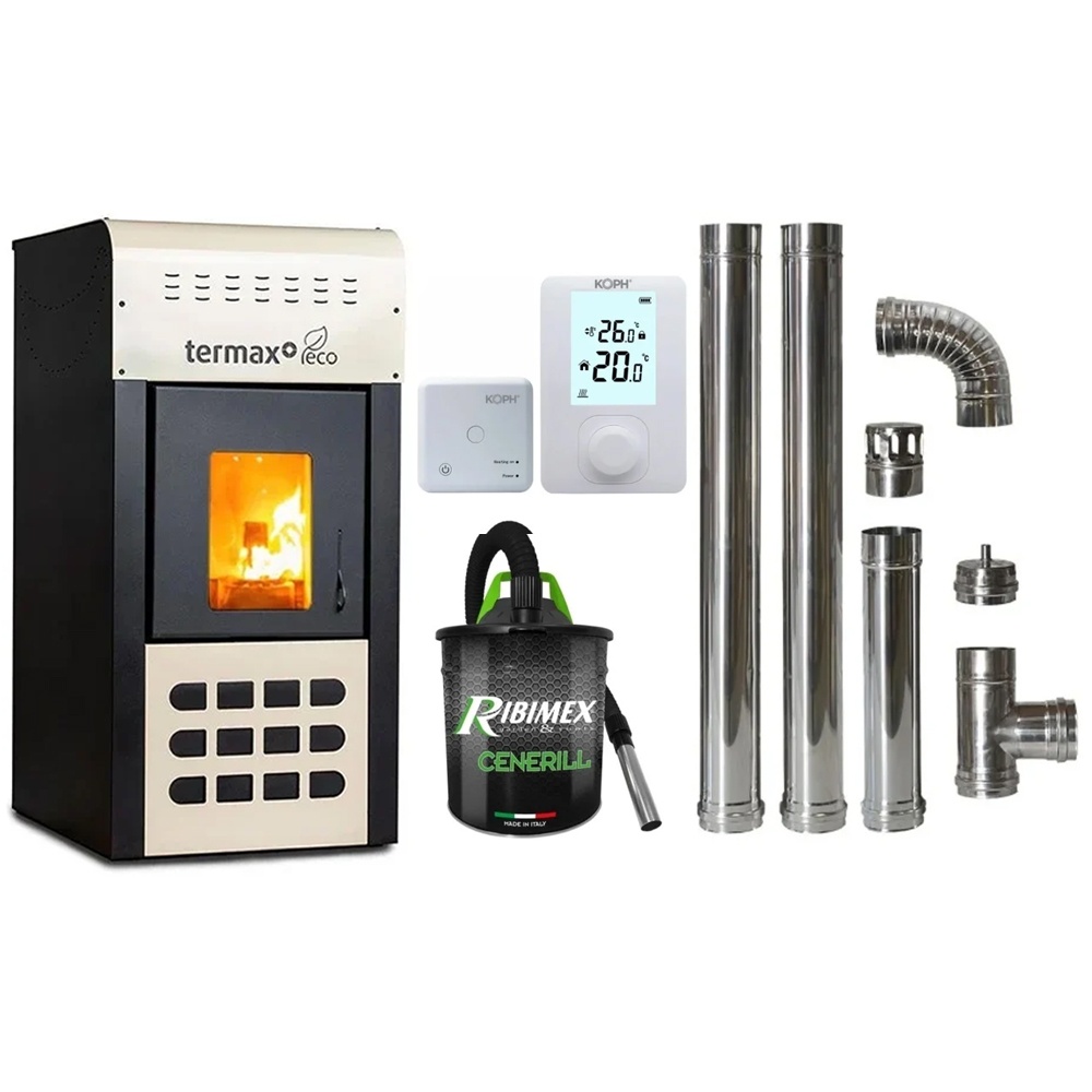 Pachet economic - Termosemineu pe peleti Termax Kamin ECO, 25 kW, 160 mp, buncar peleti 45 kg, diametru cos fum ⌀80 mm, vas expansiune si pompa