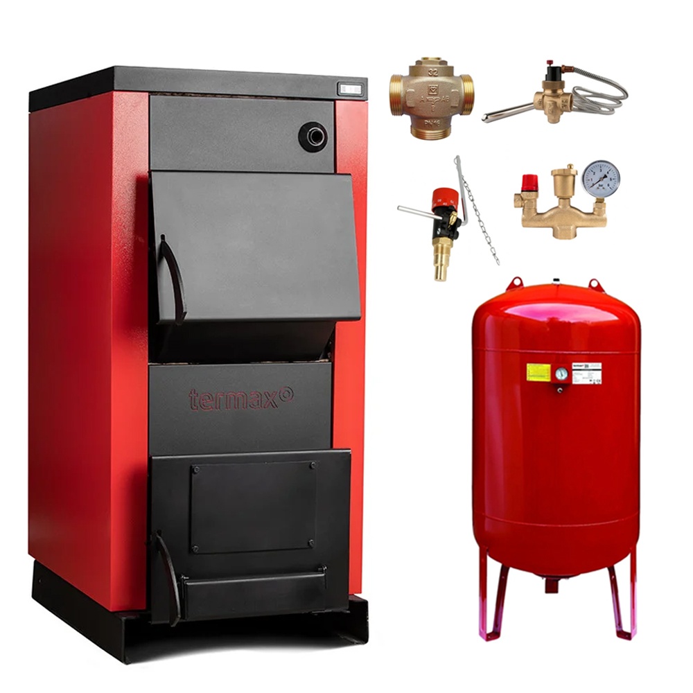 Pachet siguranta completa - Centrala/Cazan pe lemn Termax 35 kW, cu ardere standard, volum manta apa 105 litri, vas expansiune, vana termostatica,