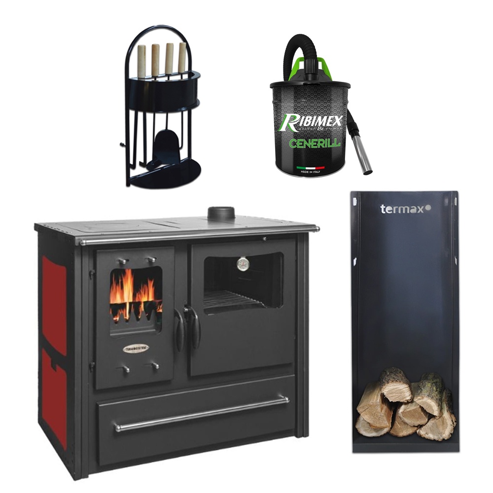 Pachet soba pe lemn Termax Rustik, Fonta, 9.5 kW, evacuare pe dreapta, cuptor integrat, randament 76.1%, 63 m², Bordo, set accesorii, aspirator