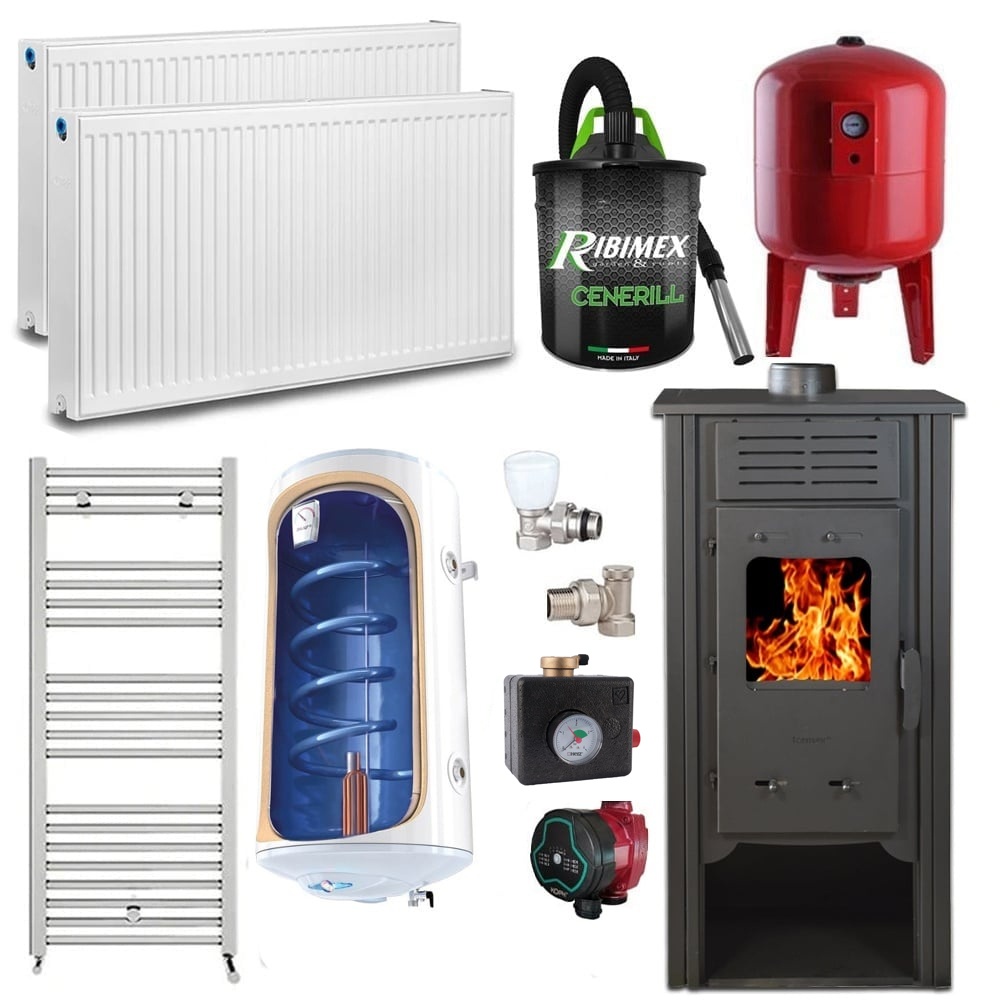 Pachet Termosemineu Termax Hydra, 6.5 kW, randament 75.5%, 43 m², Bej, Calorifere, Pompa Recirculare, Grup siguranta, Vas expansiune, Robineti