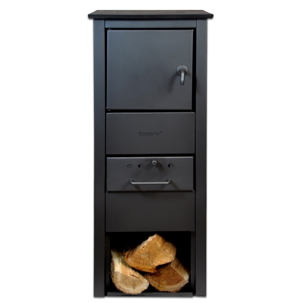 Soba pe lemn Termax Mia, 6.11 kW, evacuare spate, randament 86.49%, 40 m², spatiu depozitare lemne, Negru