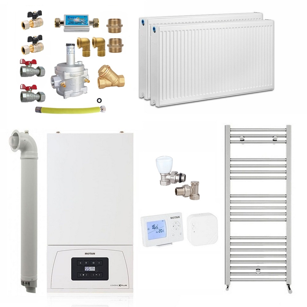 Pachet apartament cu 1 camera, centrala termica pe gaz in condensare Motan Condens KPlus C38GC20V1, 20 kW, Calorifere, Termostat Wireless, Set