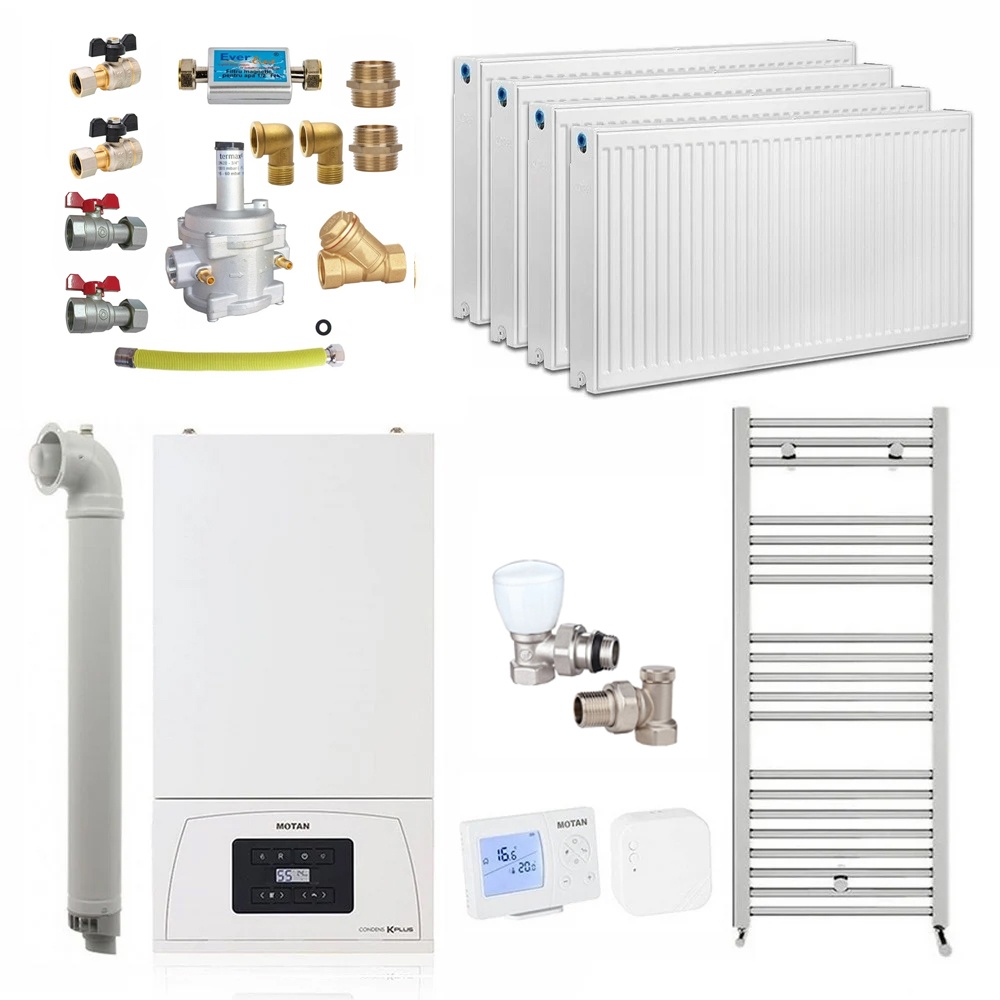 Pachet apartament cu 3 camere, centrala termica pe gaz in condensare Motan Condens KPlus C38GC20V1, 20 kW, Calorifere, Termostat Wireless, Set