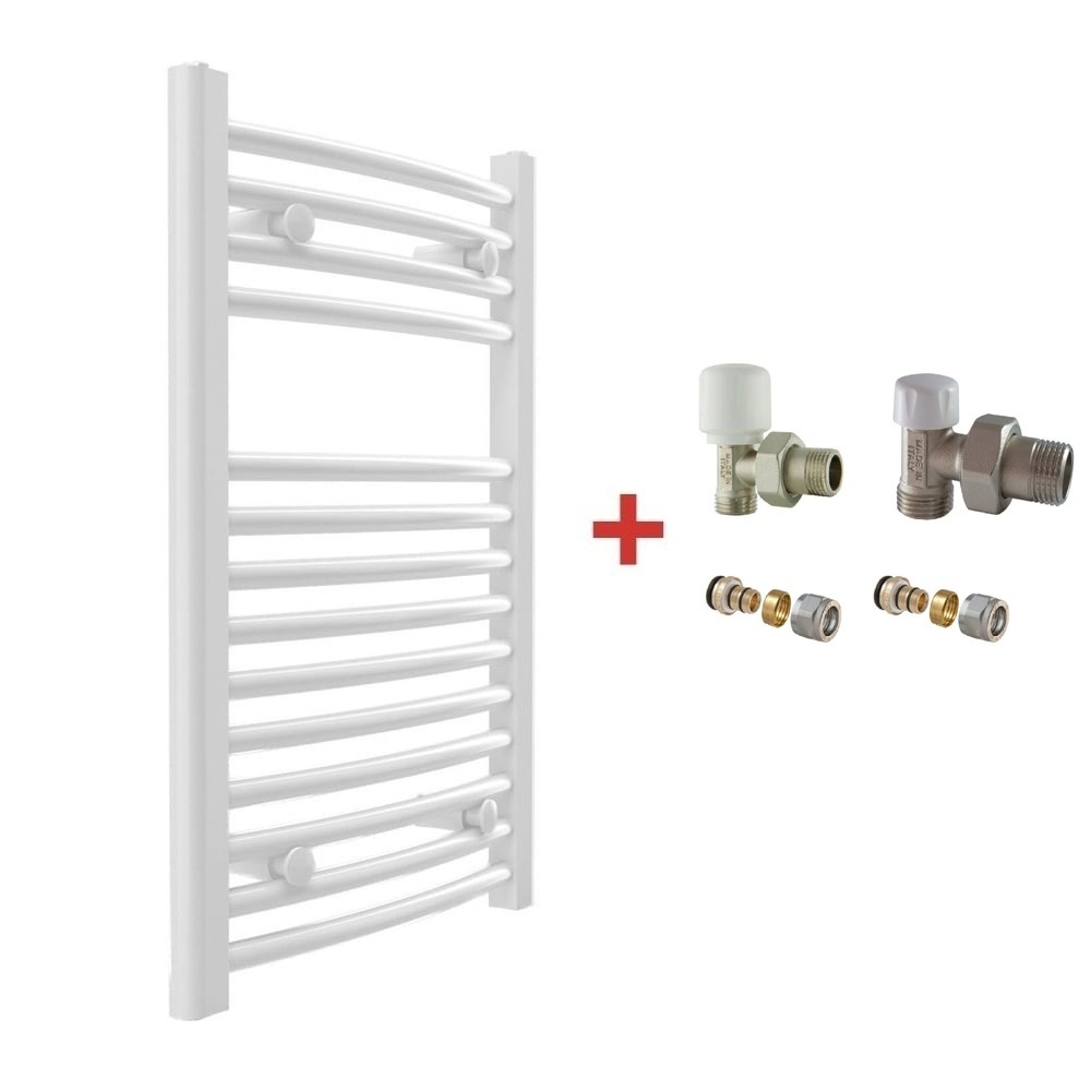 Pachet Calorifer (radiator) de baie TERMAX, tip scarita, din otel, curbat 500/1120 mm, 704 W, Robineti Tur/Retur Gaia 1/2" + conector pexal inclus