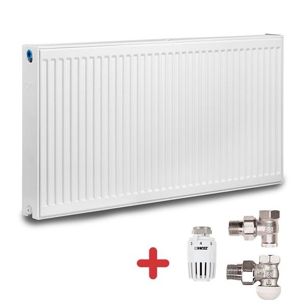 Pachet calorifer (radiator) din otel KOPH, tip 22, 500/1100 mm, 2173 W + Cap termostatic si 2 robineti tur-retur Herz