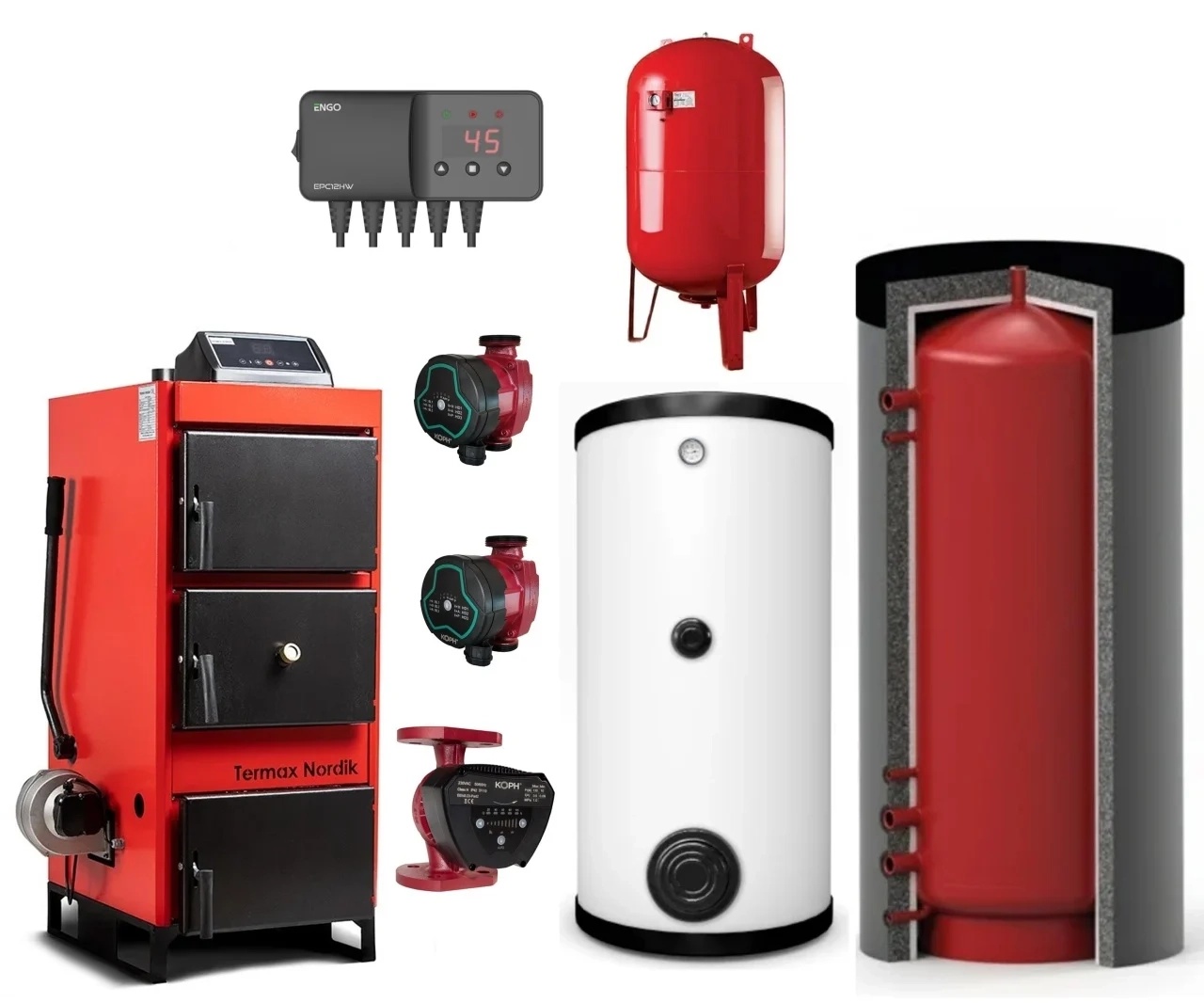 Pachet Centrala/Cazan pe lemn/carbune Termax Nordik 93 kW, cu ventilator si automatizare, Øcos fum 220 mm, volum manta apa 200 litri, Boiler stativ