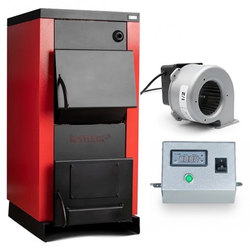 Pachet Centrala/Cazan pe lemn Termax 110 kW, cu ardere standard, volum manta apa 210 litri, cu sistem de automatizare si ventilator pentru tiraj