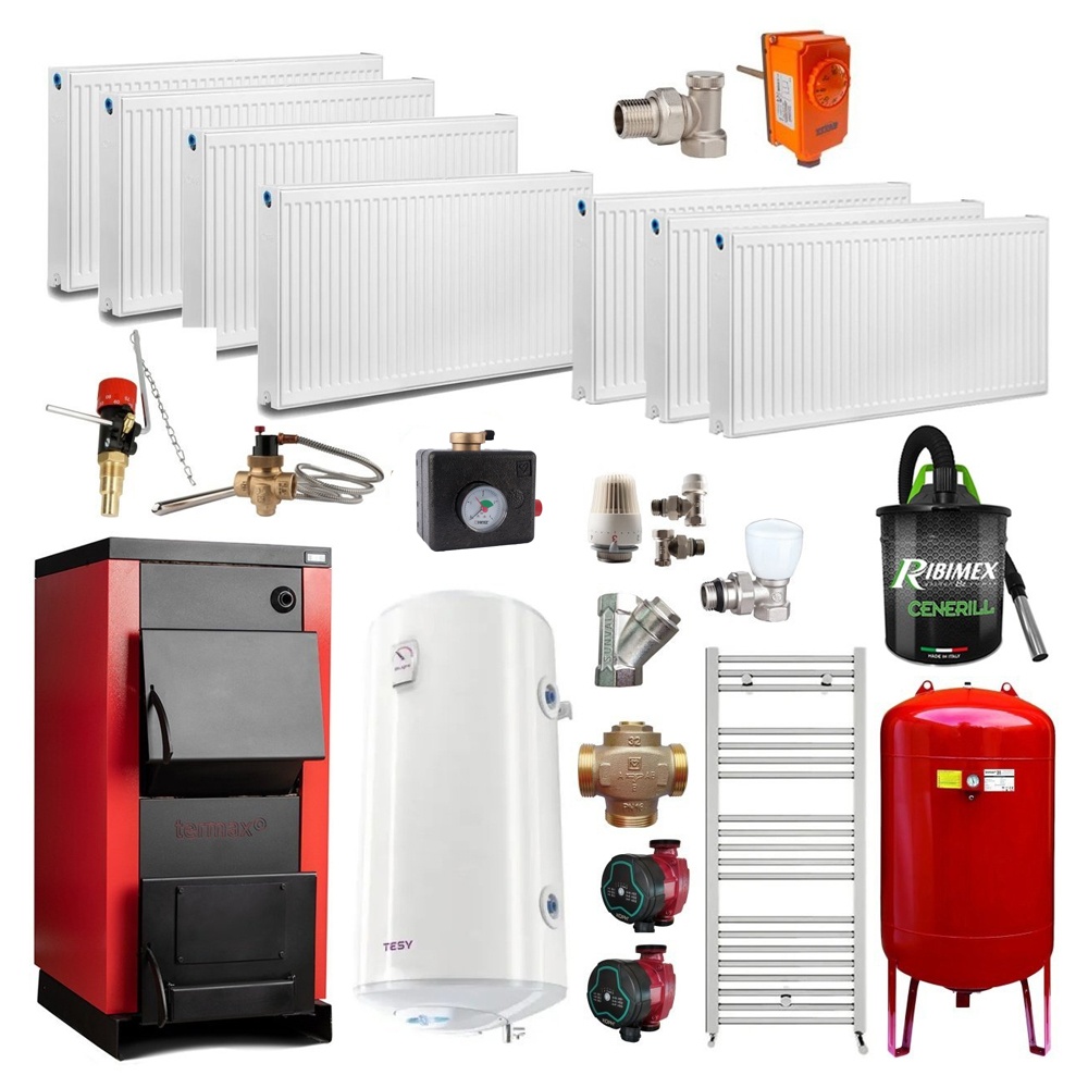 Pachet Centrala/Cazan pe lemn Termax 30 kW, cu ardere standard, volum manta apa 90 litri, Calorifere, Boiler termoelectric, Pompe recirculare, Grup