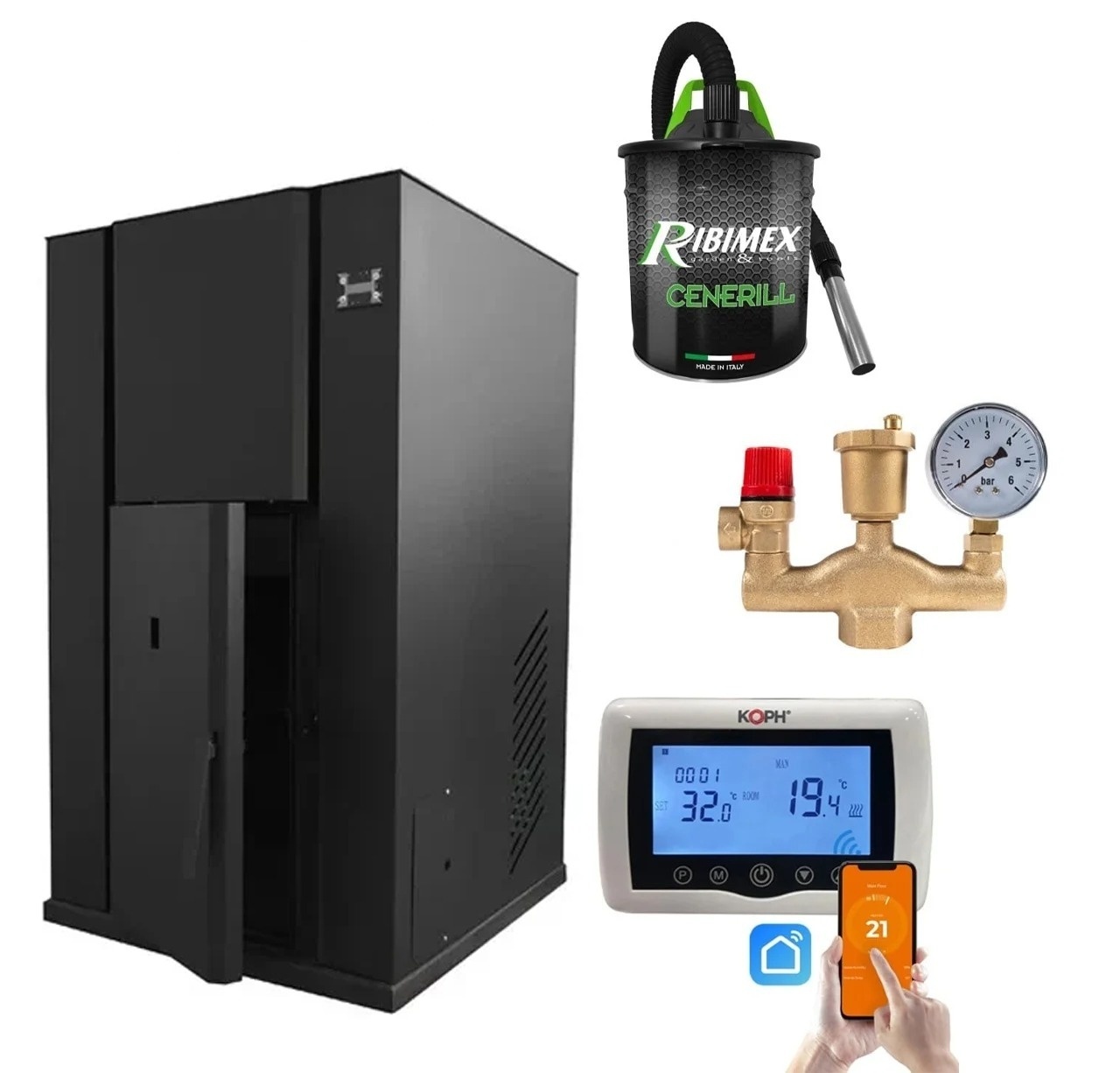 Pachet centrala termica cu peleti KOPH PM 40 kW, 250 mp, buncar peleti 100 kg, diametru cos fum ⌀100 mm, pompa recirculare si vas expansiune