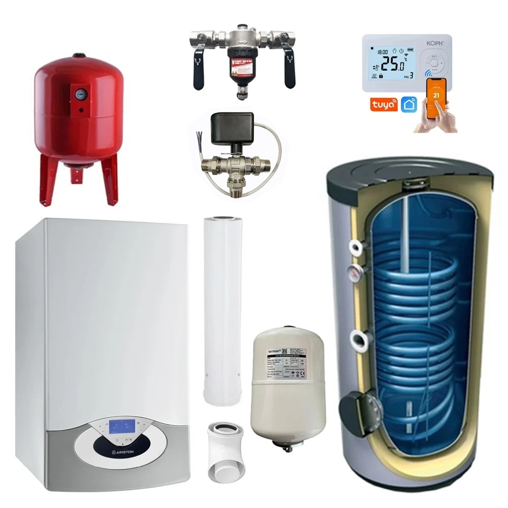 Pachet Centrala termica pe gaz in condensare Ariston Genus Premium EVO HP 45 kW, doar incalzire, Kit de evacuare inclus, Vas expansiune, Boiler