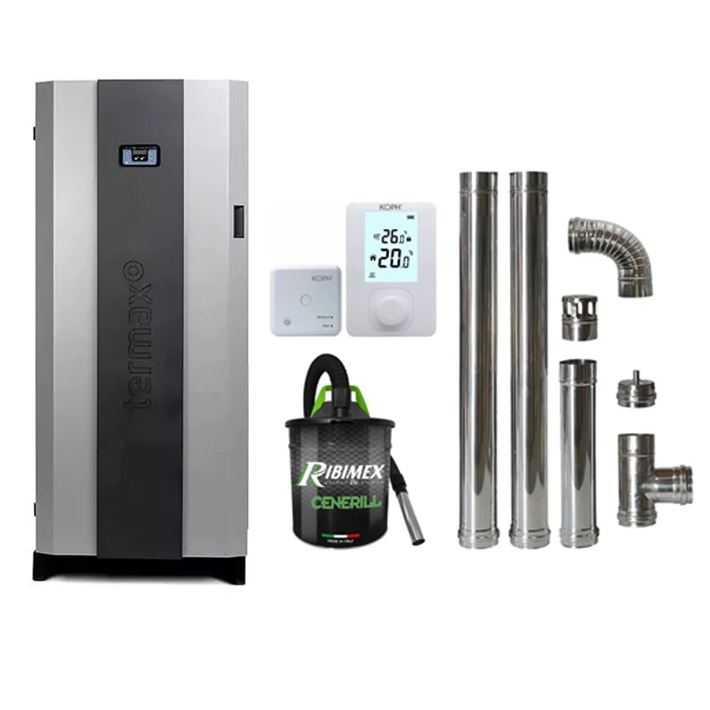 Pachet economic - Centrala cu peleti Termax Compact 30 kW, 200 mp, buncar peleti 90 kg, diametru cos fum ⌀80 mm, vas expansiune si pompa recirculare