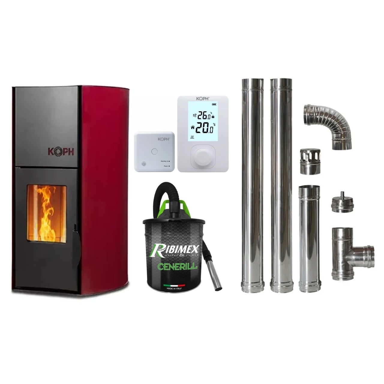 Pachet economic - Termosemineu pe peleti KOPH PM 12 kW, 80 mp, buncar peleti 12 kg, diametru cos fum ⌀80 mm, pompa recirculare si vas expansiune