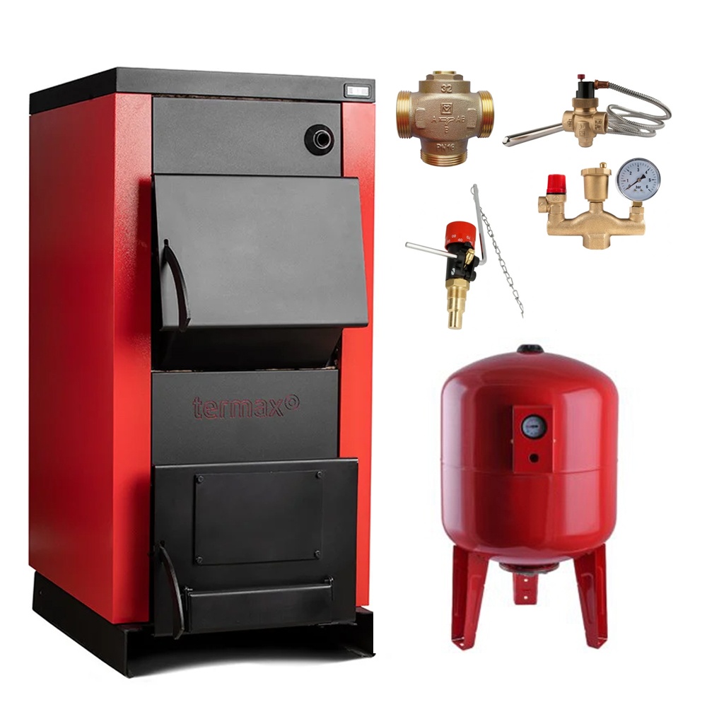 Pachet siguranta completa - Centrala/Cazan pe lemn Termax 25 kW, cu ardere standard, volum manta apa 75 litri, vas expansiune, vana termostatica,