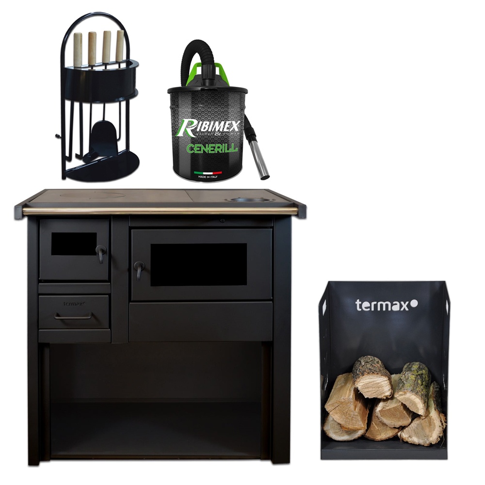 Pachet soba pe lemn Termax Popular, 7.12 kW, evacuare pe dreapta, cuptor integrat, randament 81.27%, 47 m², Negru, set accesorii, aspirator cenusa si