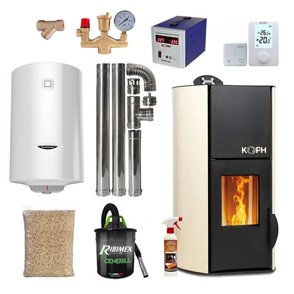 Pachet termosemineu cu peleti KOPH PM 18 kW, 120 mp, buncar 15 kg, diametru cos fum ⌀80 mm, pompa recirculare si vas expansiune incorporate, Crem,