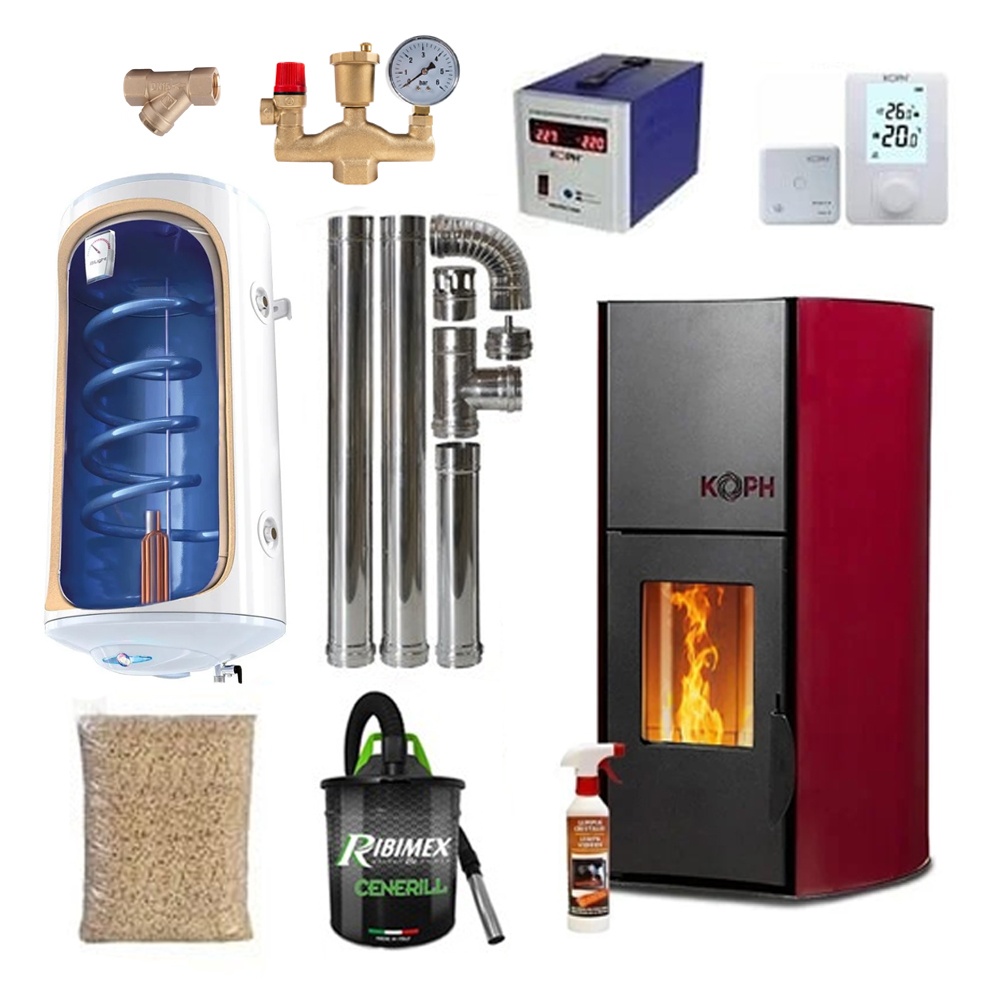 Pachet termosemineu pe peleti KOPH PM 12 kW, 80 mp, buncar peleti 12 kg, diametru cos fum ⌀80 mm, pompa recirculare si vas expansiune incorporate,