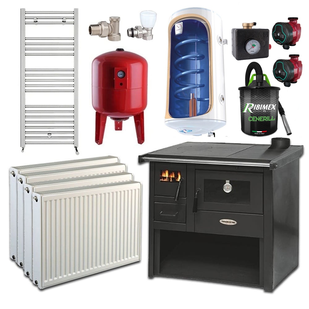 Pachet termosoba pe lemn Termax Voinic, 12.05 kW, evacuare pe dreapta, cuptor integrat, randament 85.29%, 80 m², Antraci, Calorifere, Pompe