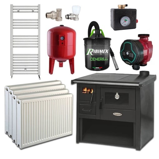 Pachet Termosoba pe lemn Termax Voinic, 12.05 kW, evacuare pe dreapta, cuptor integrat, randament 85.29%, 80 m², Calorifere, Pompa Recirculare, Grup