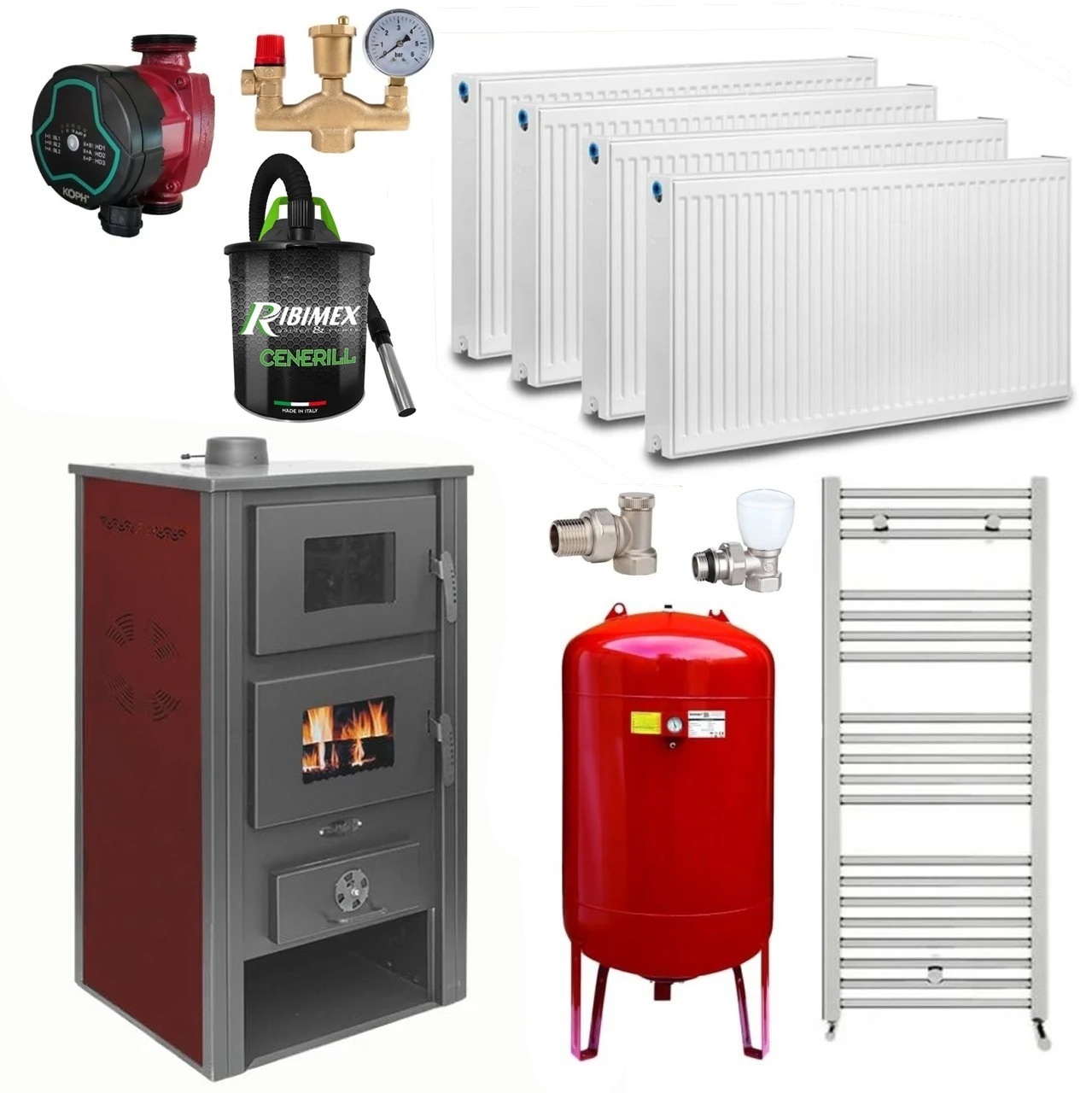 Pachet termosoba pe lemn Termax Zorile, 24.43 kW, cuptor integrat, randament 85.10%, 155 m², Calorifere, Pompa Recirculare, Vas expansiune, Robineti