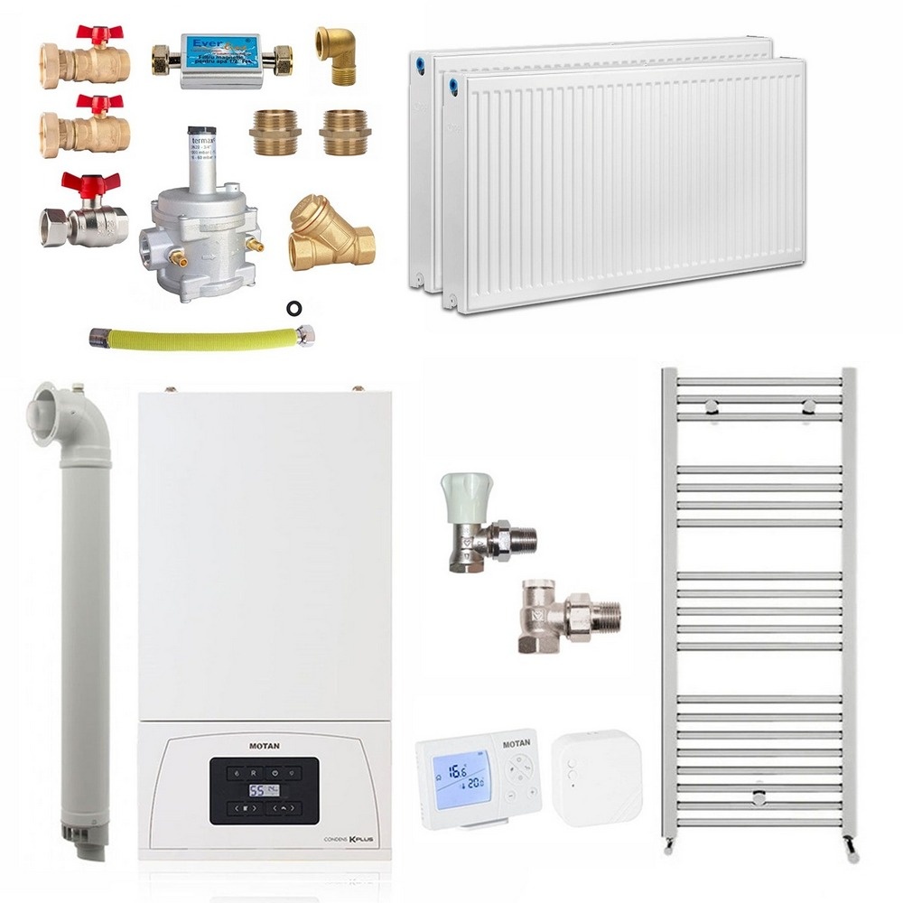 Pachet apartament cu 1 camera, centrala termica pe gaz in condensare Motan Condens KPlus C38GC20V1, 20 kW, Calorifere, Termostat Wireless, Set