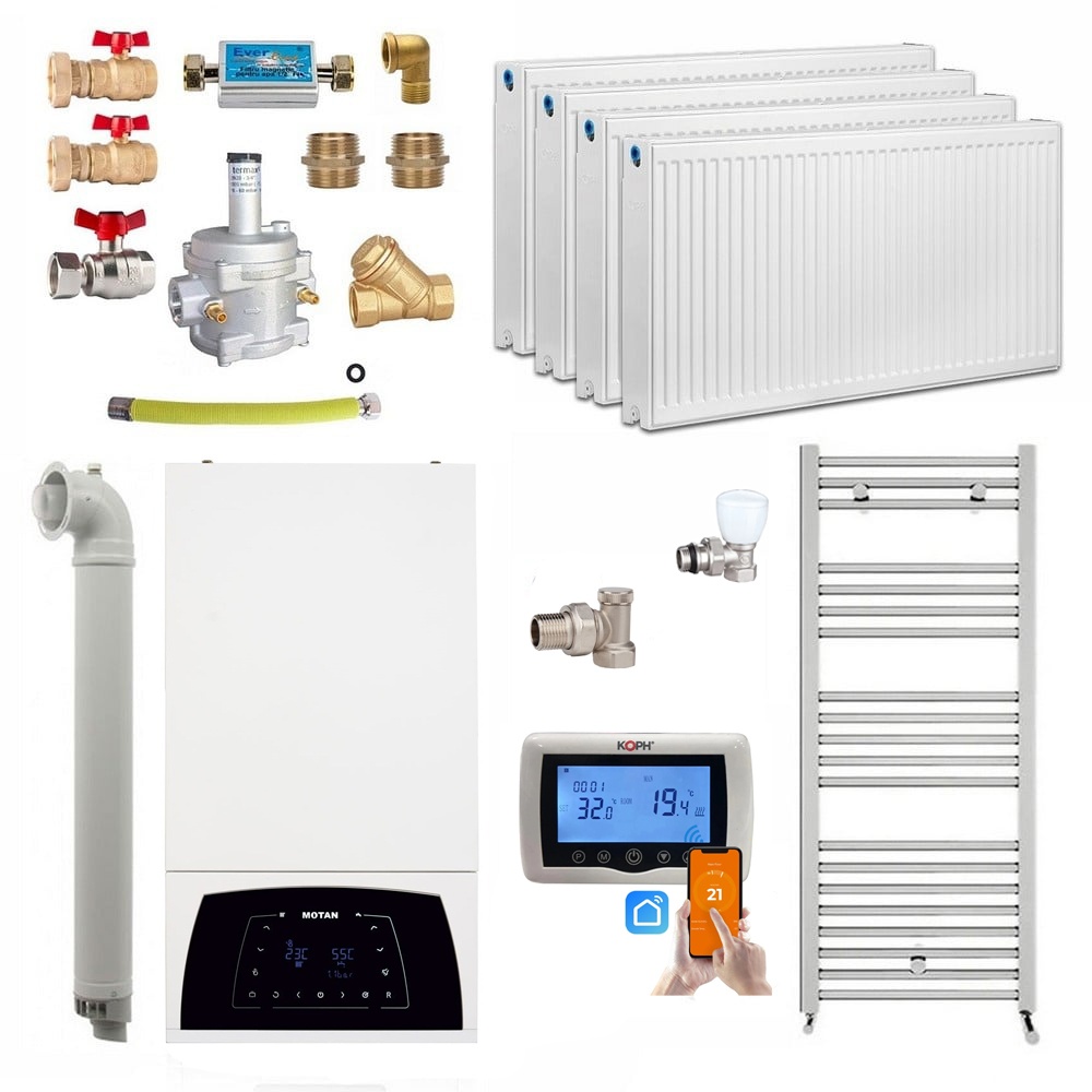 Pachet apartament cu 3 camere, centrala termica pe gaz in condensare 25 kW, Motan Condens Plus 100 25 C38GC25V1XP4, +2 ani Extra Garantie,