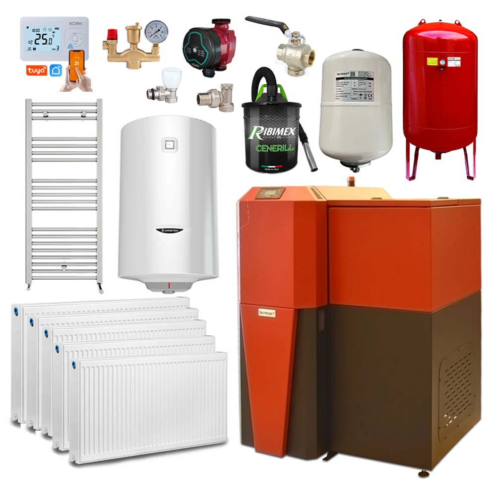 Pachet centrala mixta lemn/pelet Termax Tera 28 kW, 185 mp, buncar peleti 95 kg, volum manta apa 75 litri, diametru cos Ø120 mm, Termostat inteligent