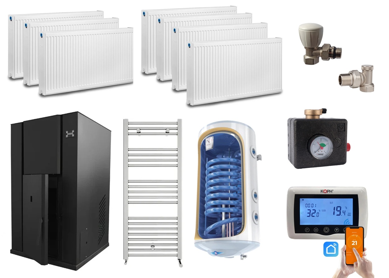 Pachet centrala peleti KOPH PM 35 KW, 230 mp, buncar peleti 80 kg, diametru cos fum ⌀100 mm, pompa recirculare si vas expansiune incorporate,