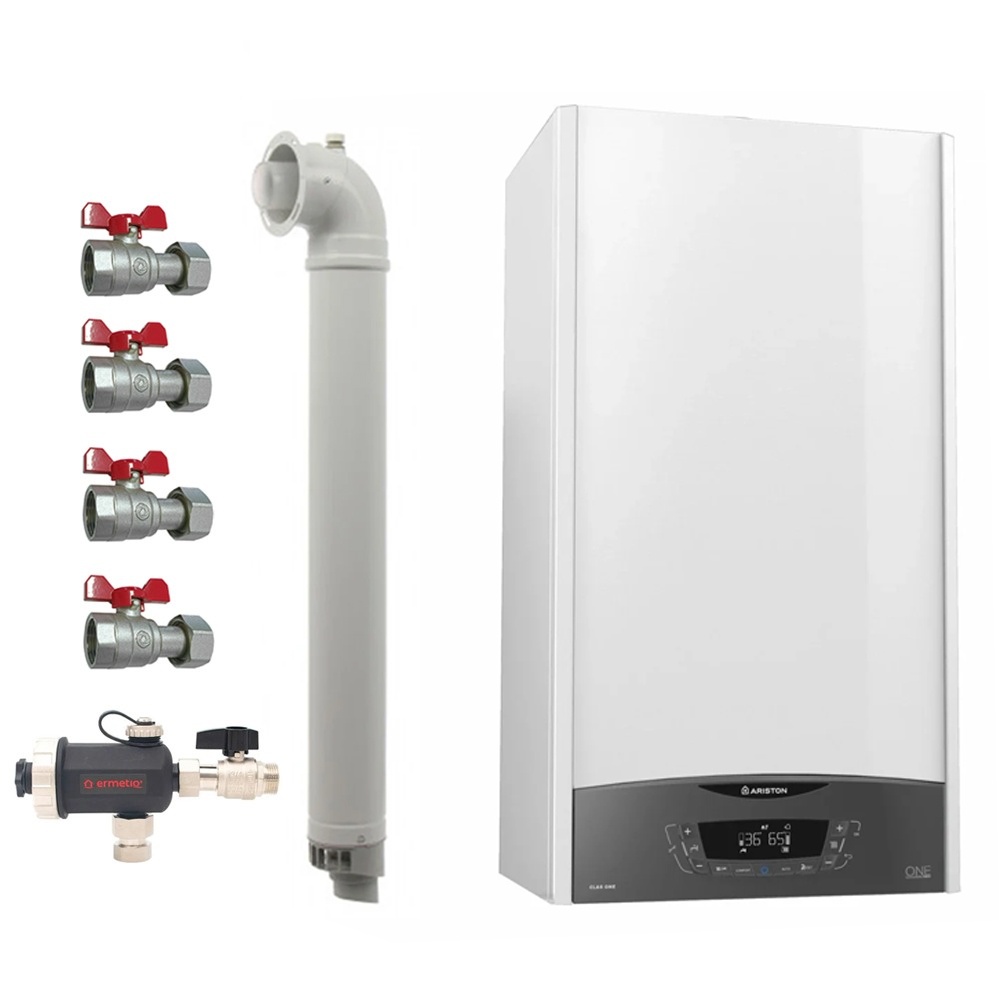 Pachet centrala termica pe gaz/GPL in condensare Ariston Clas One WIFI 24 kW, incalzire si ACM, Kit evacuare inclus, Robineti si Filtru antimagnetita