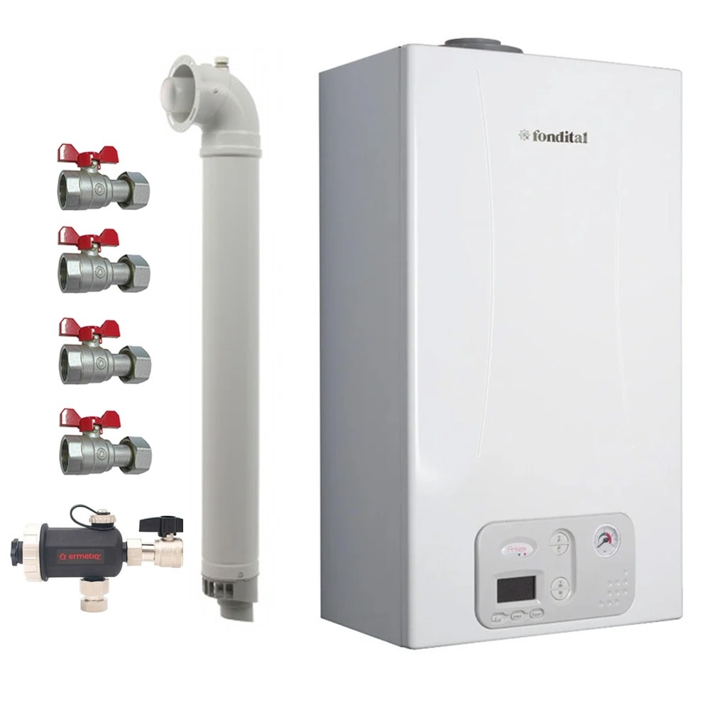 Pachet centrala termica pe gaz/GPL in condensare Fondital Antea KC 24 kW, incalzire si ACM, Clasa A, Kit de evacuare inclus, Robineti si Filtru