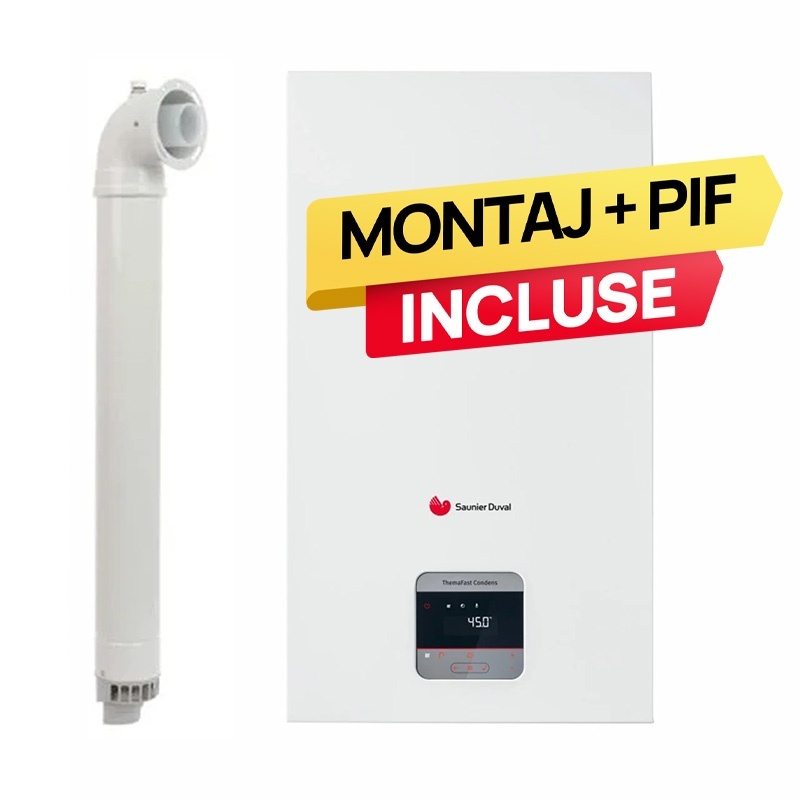 Pachet centrala termica pe gaz/GPL in condensare Saunier Duval ThemaFast Condens 31 kW, debit 14.8 l/min, protectie IPX4D, kit evacuare inclus +