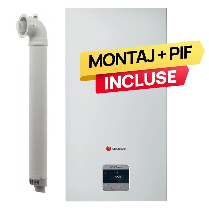 Pachet centrala termica pe gaz/GPL in condensare Saunier Duval ThemaFast Condens 35 kW, debit 16.6 l/min, protectie IPX4D, Kit evacuare inclus +