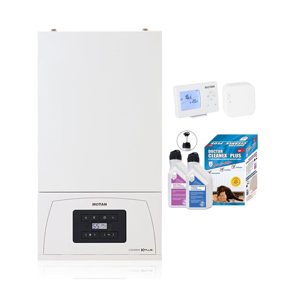 Pachet centrala termica pe gaz in condensare Motan Condens KPlus C38GC20V1, 20 kW, incalzire si ACM, Termostat wireless SENNA 270 RF si Kit rapid de