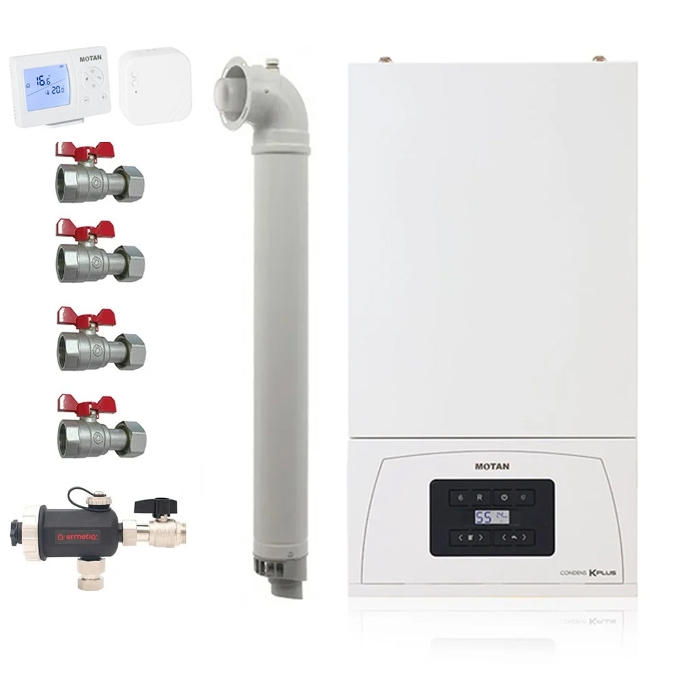 Pachet centrala termica pe gaz in condensare Motan Condens KPlus C38GC20V1, 20 kW, incalzire si ACM, Termostat wireless SENNA 270 RF, Robineti si